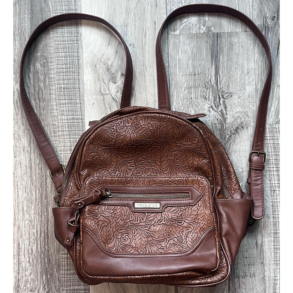 Frye & Co Brown Embossed Dome Backpack Tooling Leather Look Western Brown